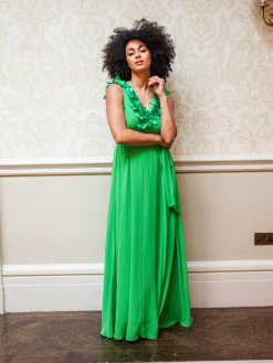 Women's Maxi Dress with Leaf Detail and Tie Waist in Green - Elegant Design by Liquorish