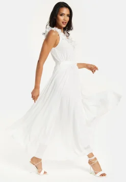 Women's Maxi Dress with Leaf Detail and Tie Waist in Off White - Stylish and Comfortable by Liquorish