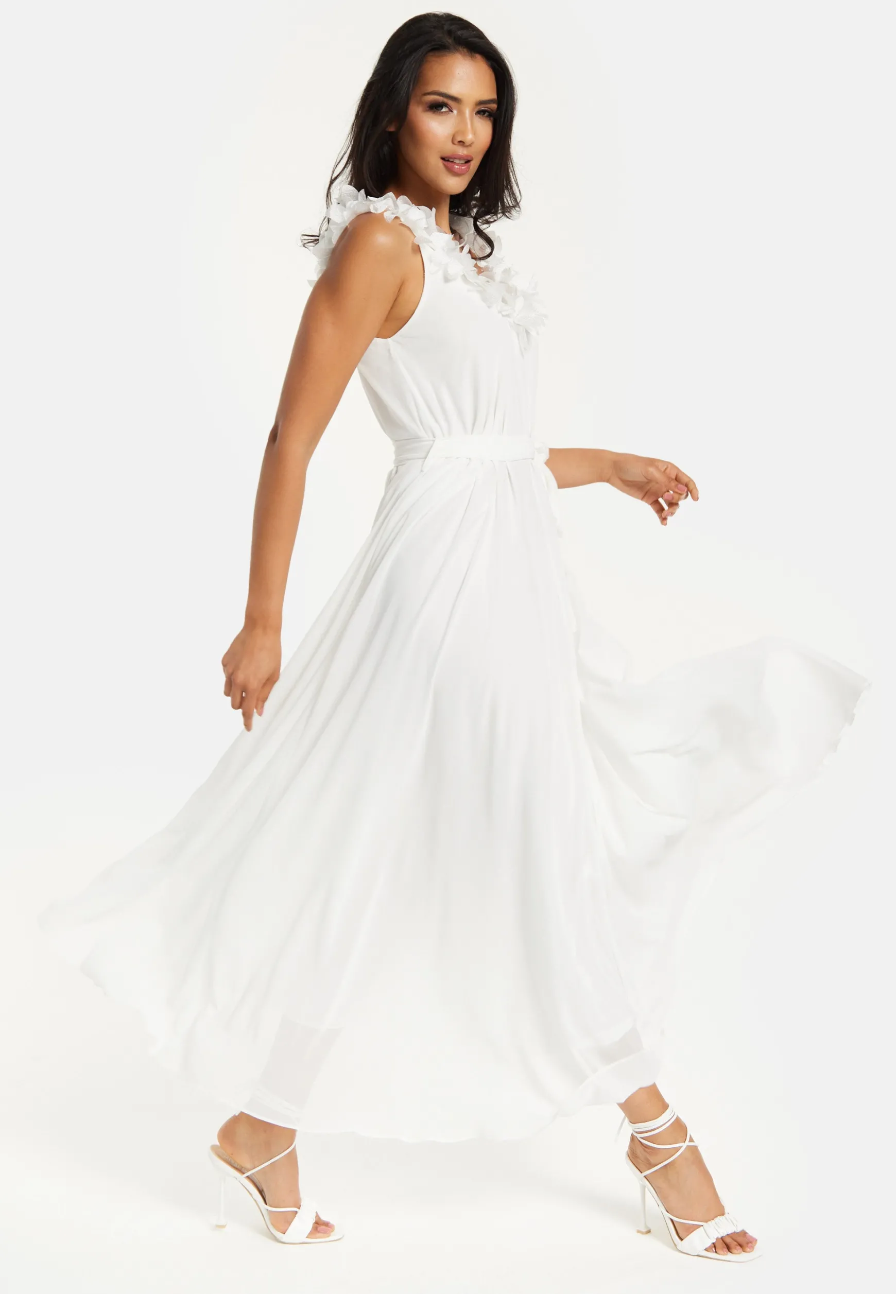 Women's Maxi Dress with Leaf Detail and Tie Waist in Off White - Stylish and Comfortable by Liquorish