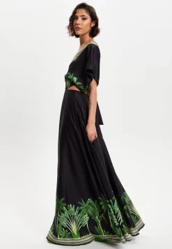 Women's Maxi Dress with Leaf Print, V-Neck, A-Line Fit, Back Detail, Sleeveless - Elegant Style by Liquorish