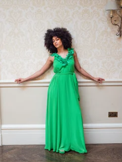 Women's Maxi Dress with Leaf Detail and Tie Waist in Green - Elegant Design by Liquorish