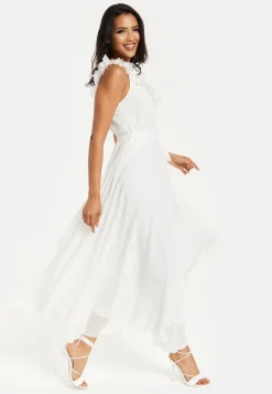 Women's Maxi Dress with Leaf Detail and Tie Waist in Off White - Stylish and Comfortable by Liquorish