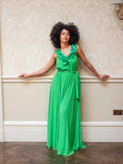 Women's Maxi Dress with Leaf Detail and Tie Waist in Green - Elegant Design by Liquorish