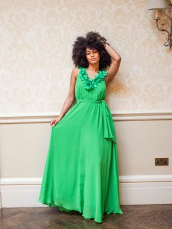 Women's Maxi Dress with Leaf Detail and Tie Waist in Green - Elegant Design by Liquorish