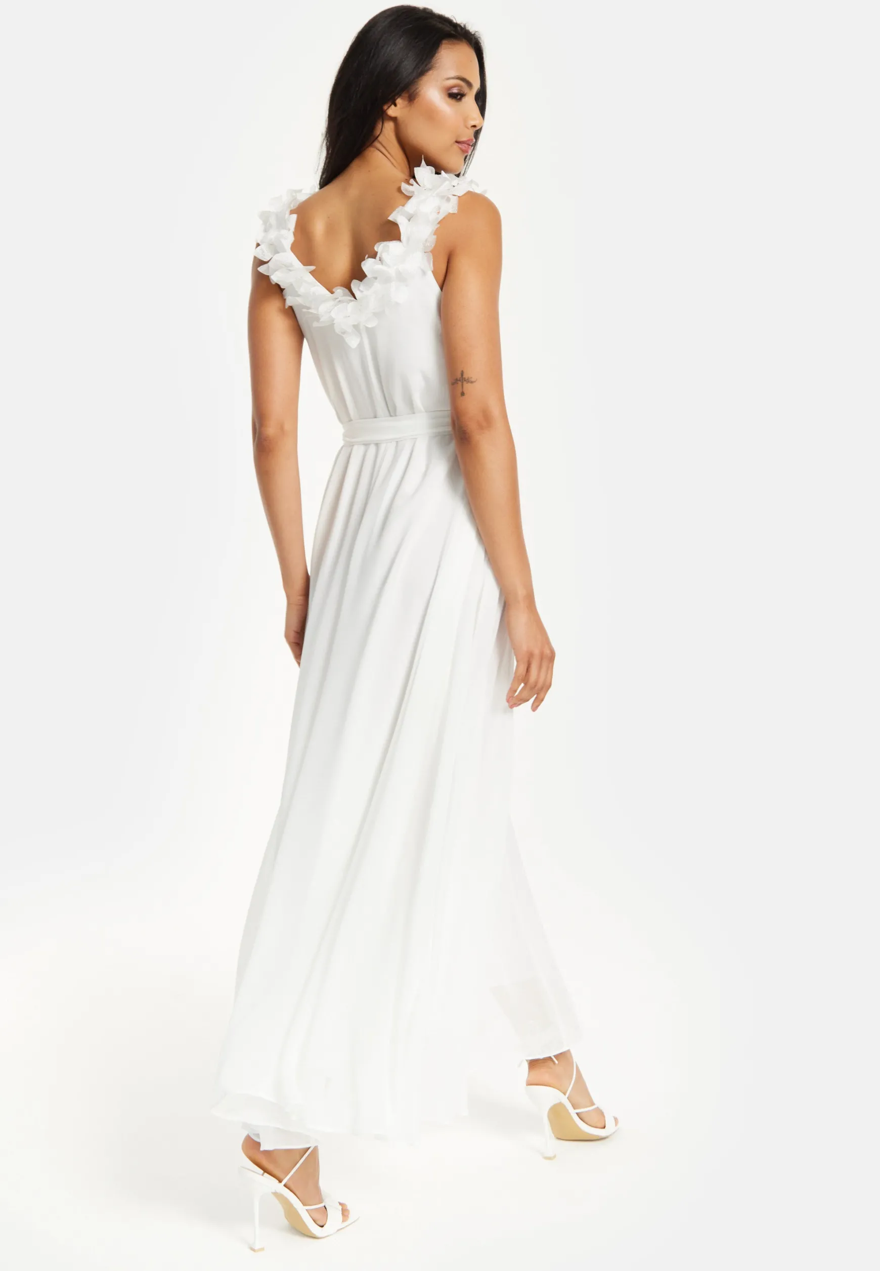 Women's Maxi Dress with Leaf Detail and Tie Waist in Off White - Stylish and Comfortable by Liquorish