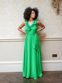Women's Maxi Dress with Leaf Detail and Tie Waist in Green - Elegant Design by Liquorish