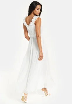 Women's Maxi Dress with Leaf Detail and Tie Waist in Off White - Stylish and Comfortable by Liquorish