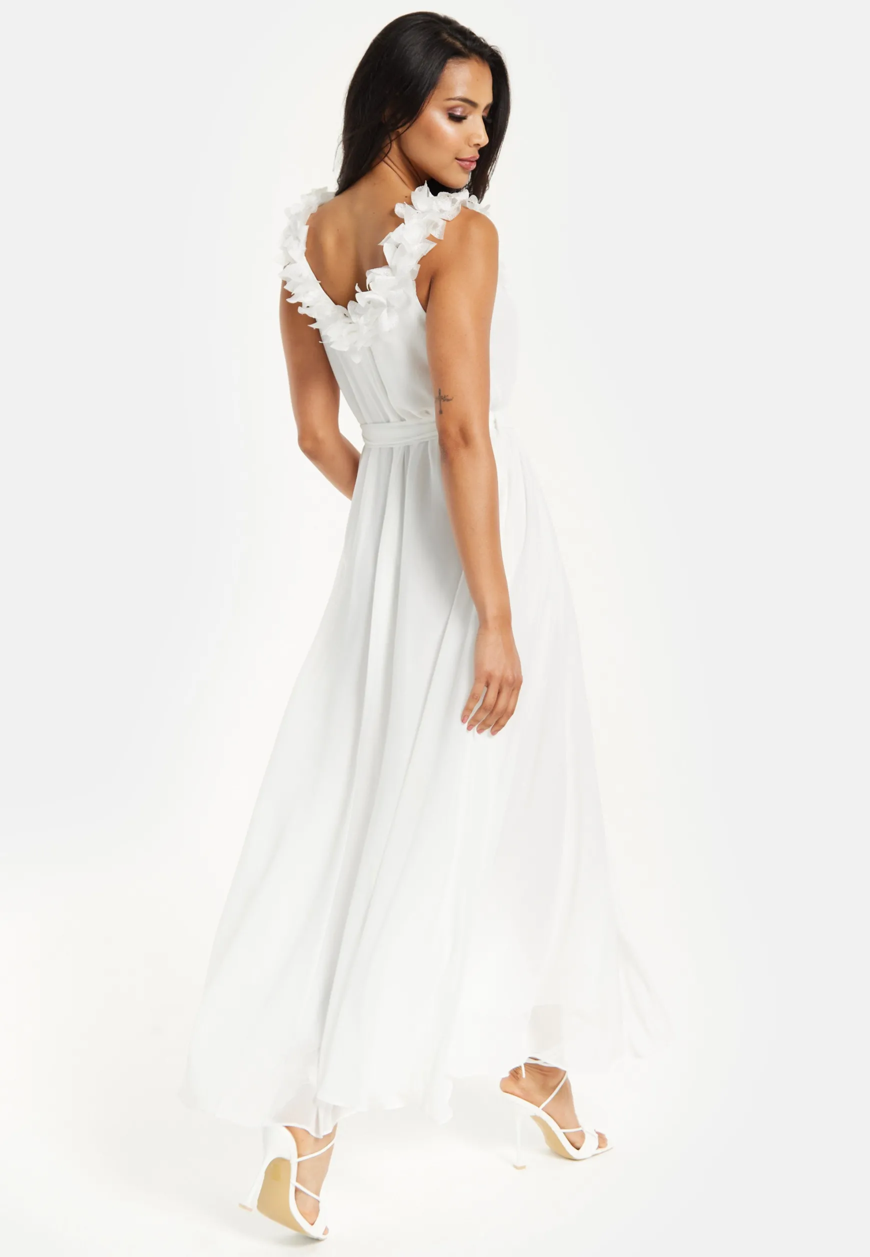 Women's Maxi Dress with Leaf Detail and Tie Waist in Off White - Stylish and Comfortable by Liquorish