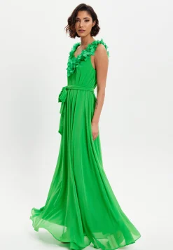Women's Maxi Dress with Leaf Detail and Tie Waist in Green - Elegant Design by Liquorish