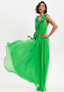 Women's Maxi Dress with Leaf Detail and Tie Waist in Green - Elegant Design by Liquorish