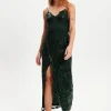 Women's Maxi Dress with Long Slit and Slim Fit in Forest Green Sequin - Liquorish