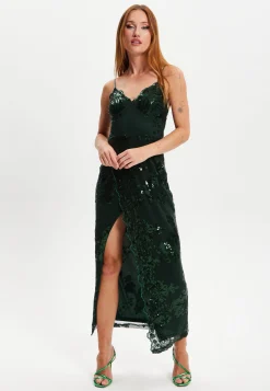 Women's Maxi Dress with Long Slit and Slim Fit in Forest Green Sequin - Liquorish