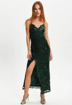 Women's Maxi Dress with Long Slit and Slim Fit in Forest Green Sequin - Liquorish
