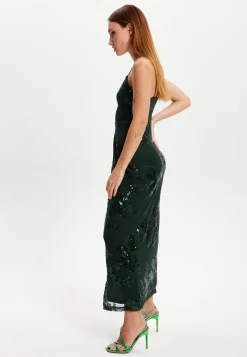 Women's Maxi Dress with Long Slit and Slim Fit in Forest Green Sequin - Liquorish