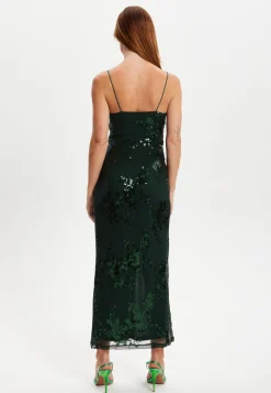 Women's Maxi Dress with Long Slit and Slim Fit in Forest Green Sequin - Liquorish