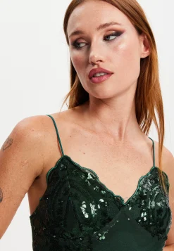Women's Maxi Dress with Long Slit and Slim Fit in Forest Green Sequin - Liquorish