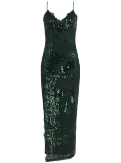 Women's Maxi Dress with Long Slit and Slim Fit in Forest Green Sequin - Liquorish