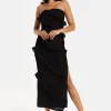 Women's Maxi Dress with Off-Shoulder Design, Diagonal Frilled Slit Detail in Classic Black