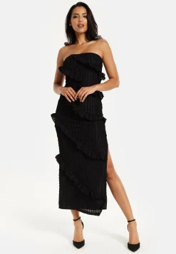 Women's Maxi Dress with Off-Shoulder Design, Diagonal Frilled Slit Detail in Classic Black