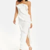 Women’s Maxi Dress with Off Shoulder Design and Diagonal Frilled Slit Detail in White