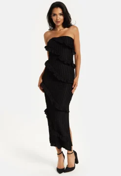 Women's Maxi Dress with Off-Shoulder Design, Diagonal Frilled Slit Detail in Classic Black