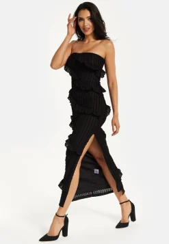 Women's Maxi Dress with Off-Shoulder Design, Diagonal Frilled Slit Detail in Classic Black