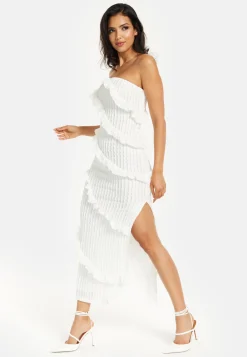 Women’s Maxi Dress with Off Shoulder Design and Diagonal Frilled Slit Detail in White