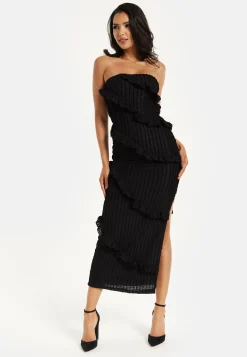 Women's Maxi Dress with Off-Shoulder Design, Diagonal Frilled Slit Detail in Classic Black