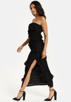 Women's Maxi Dress with Off-Shoulder Design, Diagonal Frilled Slit Detail in Classic Black