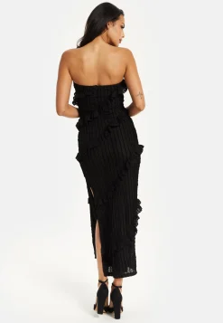 Women's Maxi Dress with Off-Shoulder Design, Diagonal Frilled Slit Detail in Classic Black
