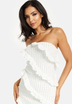 Women’s Maxi Dress with Off Shoulder Design and Diagonal Frilled Slit Detail in White