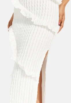 Women’s Maxi Dress with Off Shoulder Design and Diagonal Frilled Slit Detail in White