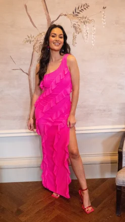 Women's Maxi Dress with One Shoulder Design and Diagonal Ruffle Detail in Pink - Liquorish