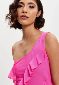 Women's Maxi Dress with One Shoulder Design and Diagonal Ruffle Detail in Pink - Liquorish