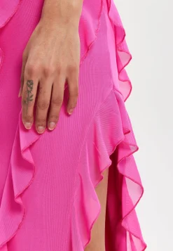 Women's Maxi Dress with One Shoulder Design and Diagonal Ruffle Detail in Pink - Liquorish