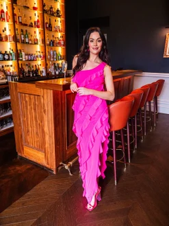 Women's Maxi Dress with One Shoulder Design and Diagonal Ruffle Detail in Pink - Liquorish