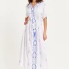 Women's Maxi Dress with Short Sleeves, Blue Pineapple Embroidery in White - Liquorish