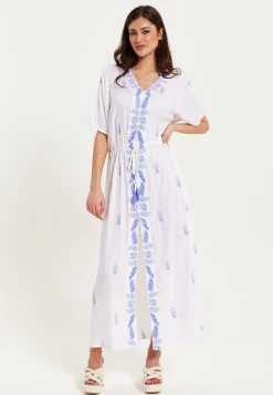 Women's Maxi Dress with Short Sleeves, Blue Pineapple Embroidery in White - Liquorish
