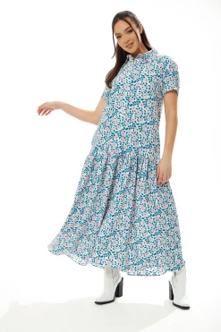 Women's Maxi Dress with Short Sleeves, Floral Print, Oversized Fit in Vibrant Colors - Liquorish