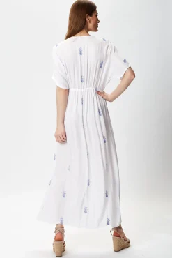 Women's Maxi Dress with Short Sleeves, Blue Pineapple Embroidery in White - Liquorish