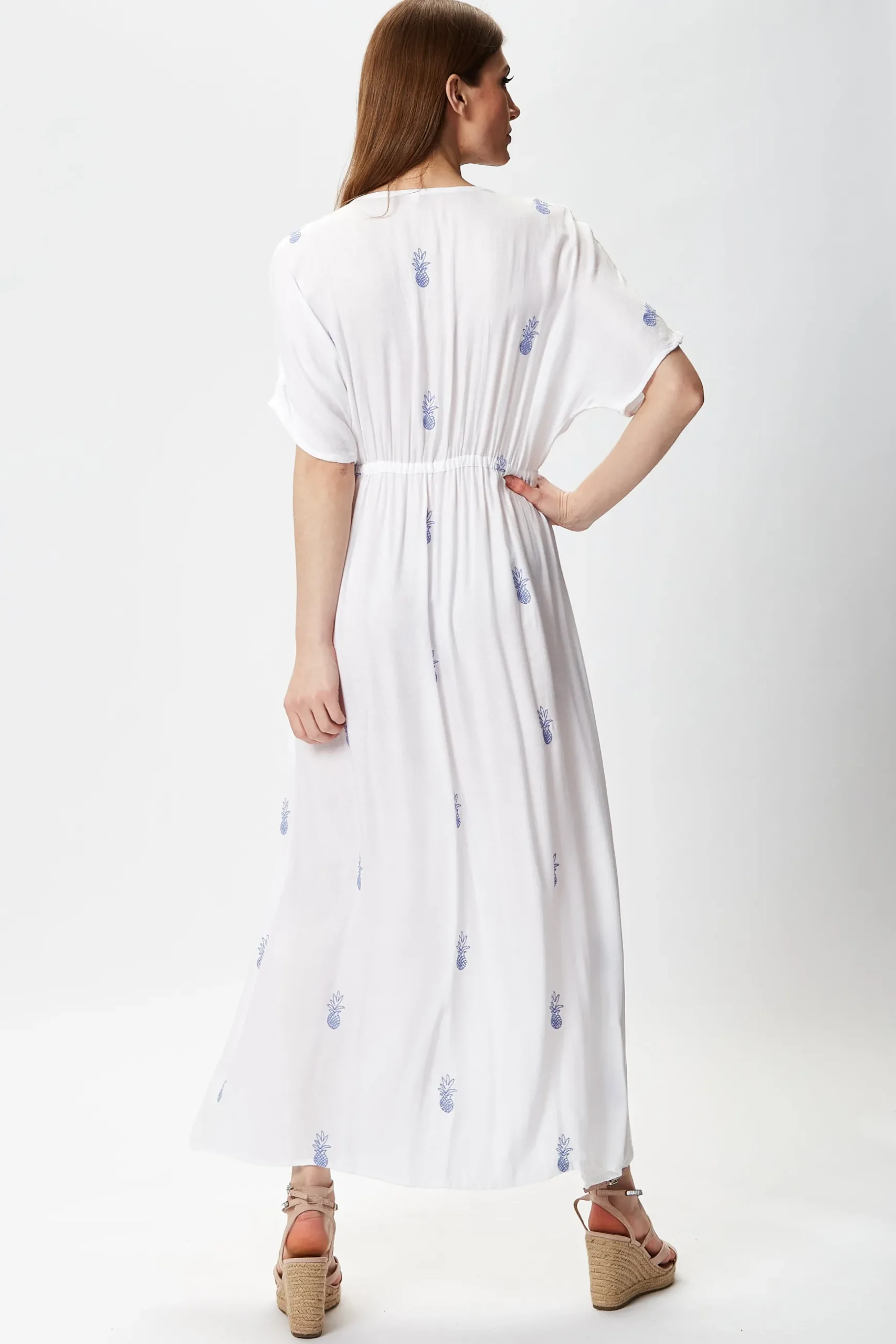 Women's Maxi Dress with Short Sleeves, Blue Pineapple Embroidery in White - Liquorish