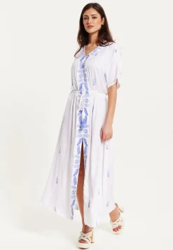Women's Maxi Dress with Short Sleeves, Blue Pineapple Embroidery in White - Liquorish