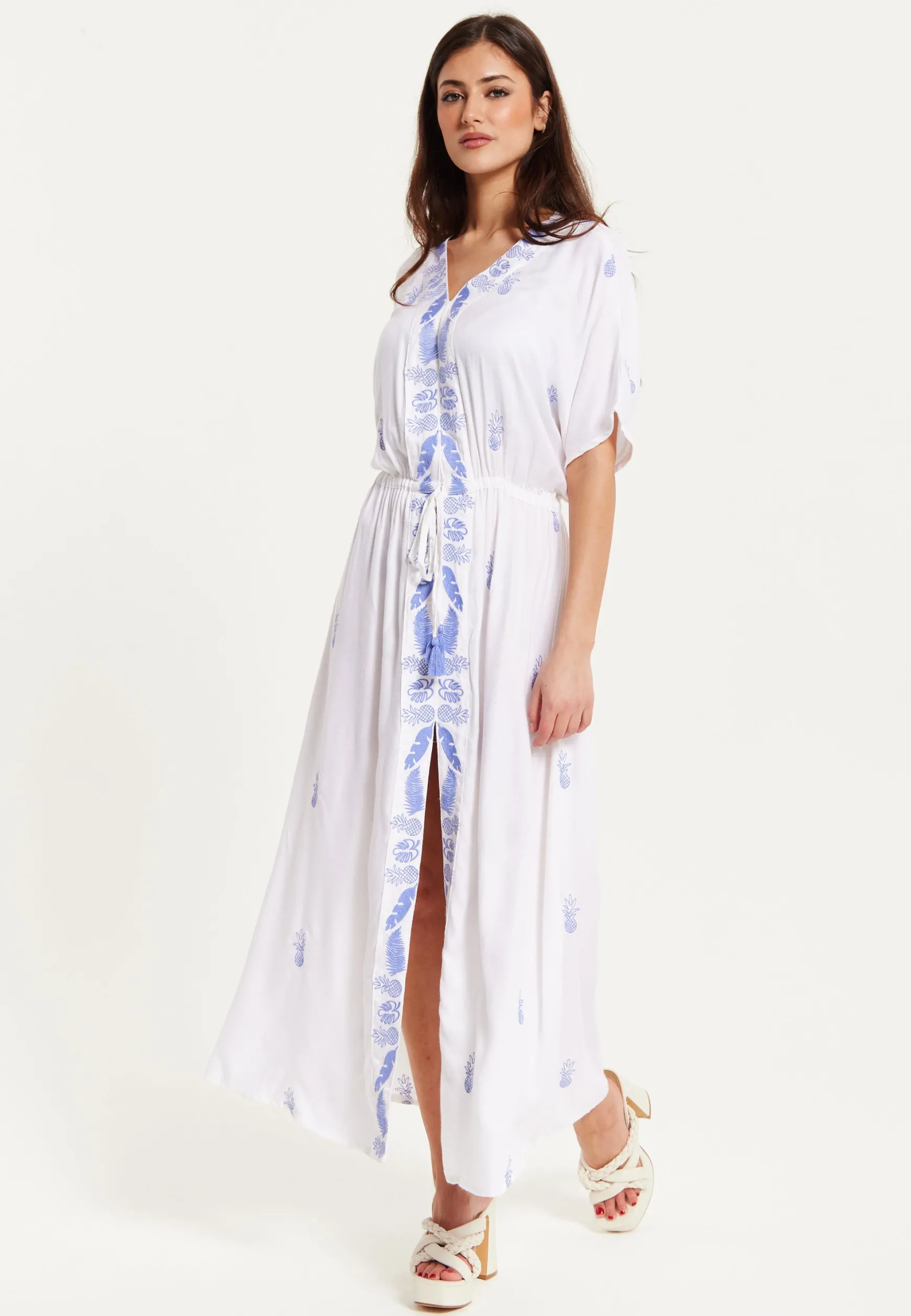 Women's Maxi Dress with Short Sleeves, Blue Pineapple Embroidery in White - Liquorish