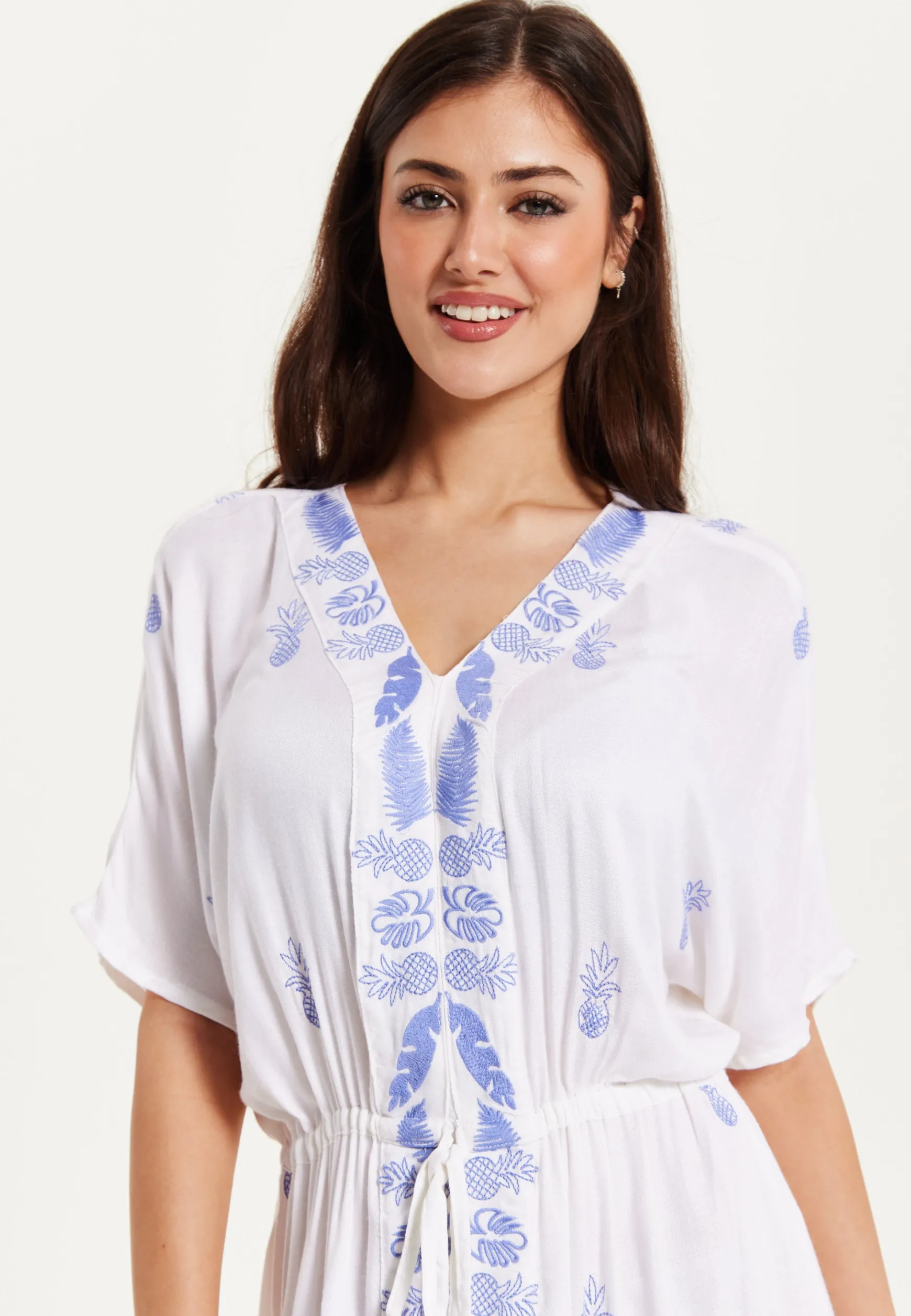 Women's Maxi Dress with Short Sleeves, Blue Pineapple Embroidery in White - Liquorish