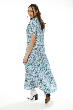 Women's Maxi Dress with Short Sleeves, Floral Print, Oversized Fit in Vibrant Colors - Liquorish