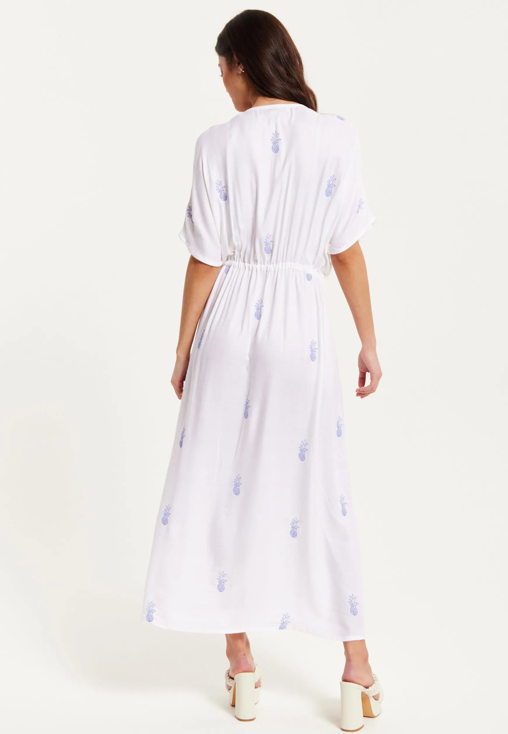 Women's Maxi Dress with Short Sleeves, Blue Pineapple Embroidery in White - Liquorish