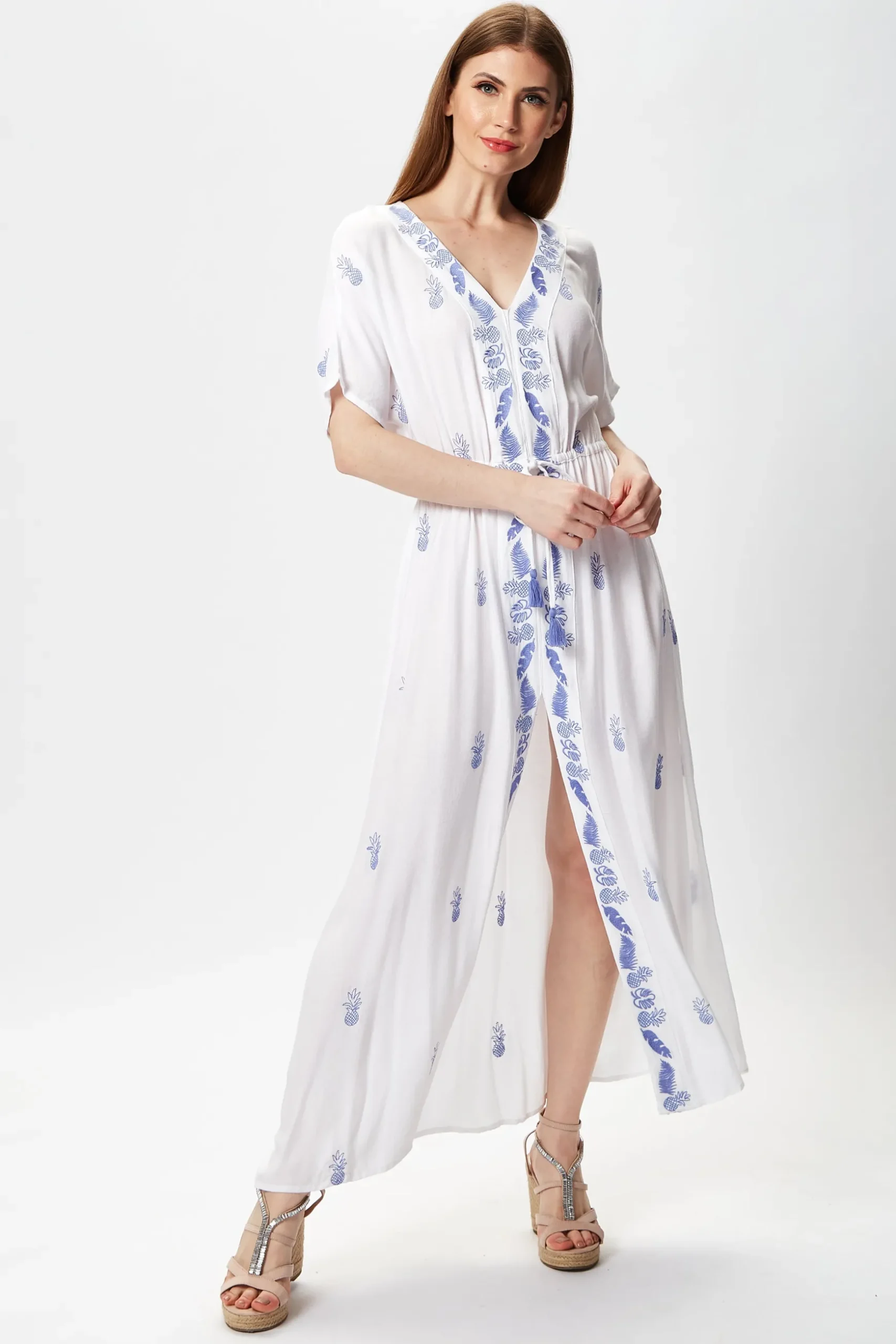 Women's Maxi Dress with Short Sleeves, Blue Pineapple Embroidery in White - Liquorish