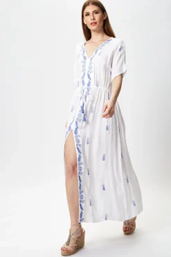 Women's Maxi Dress with Short Sleeves, Blue Pineapple Embroidery in White - Liquorish