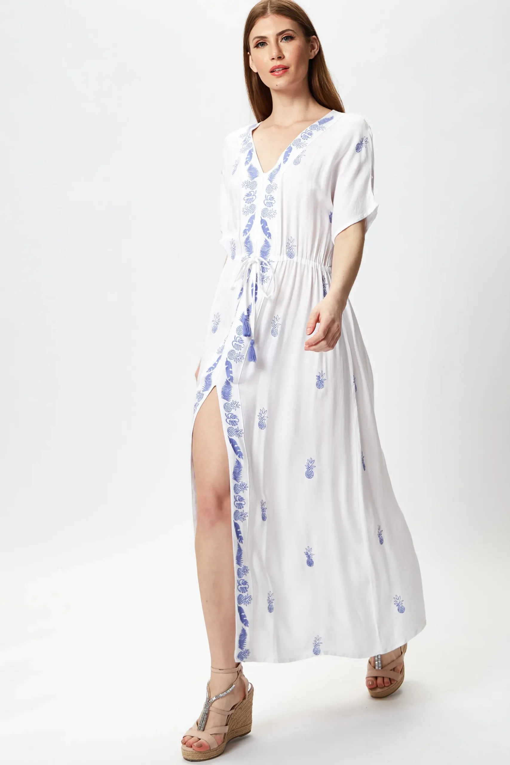 Women's Maxi Dress with Short Sleeves, Blue Pineapple Embroidery in White - Liquorish