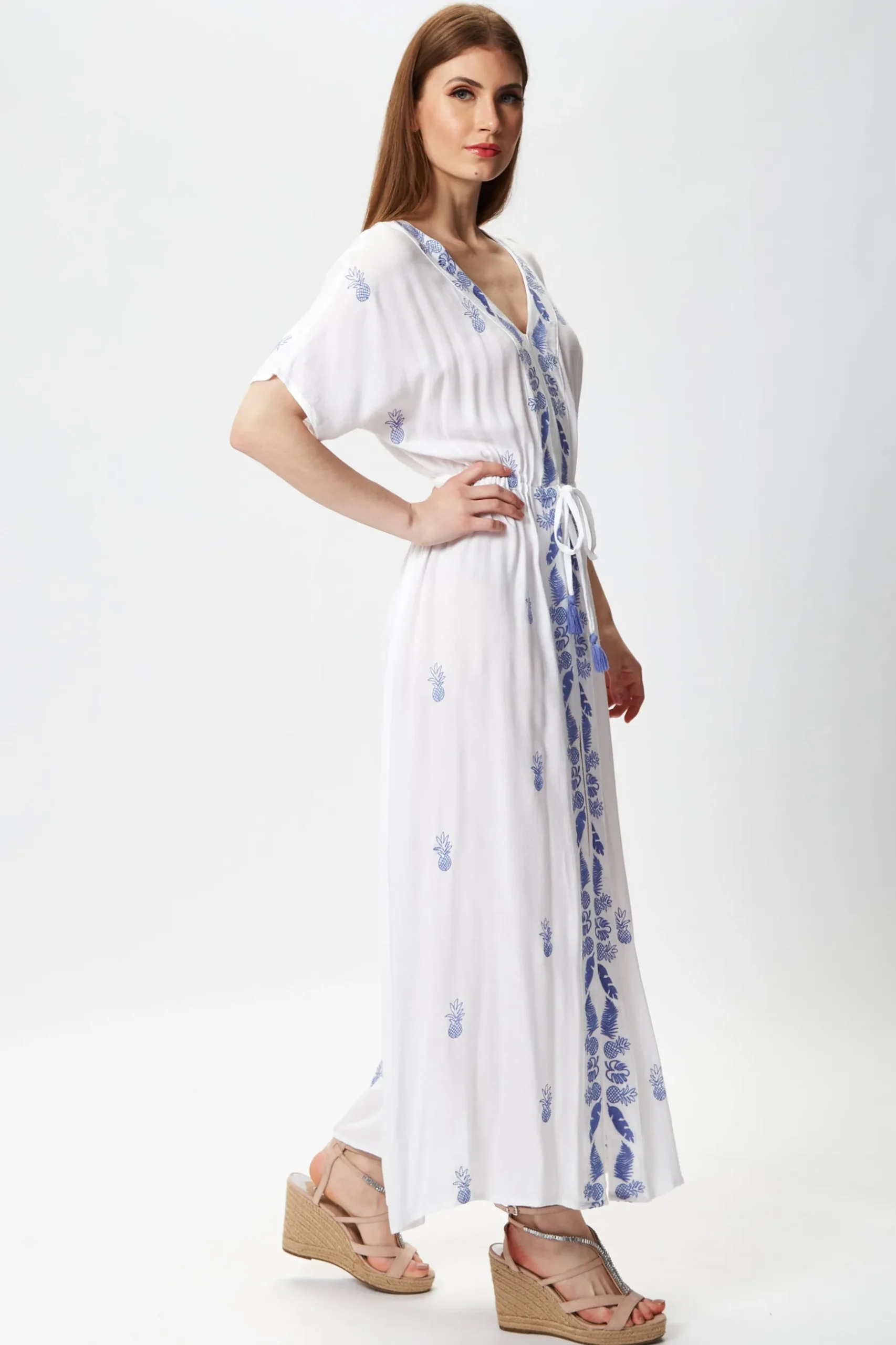 Women's Maxi Dress with Short Sleeves, Blue Pineapple Embroidery in White - Liquorish
